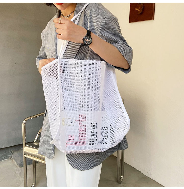 Mode Zomer Vrouwen Mesh Strandtassen Vrouwelijke Grote Schoudertas Shopper Bag Effen Kleur Dames Opvouwbare Casual Tote Oranje Handtassen: WHITE