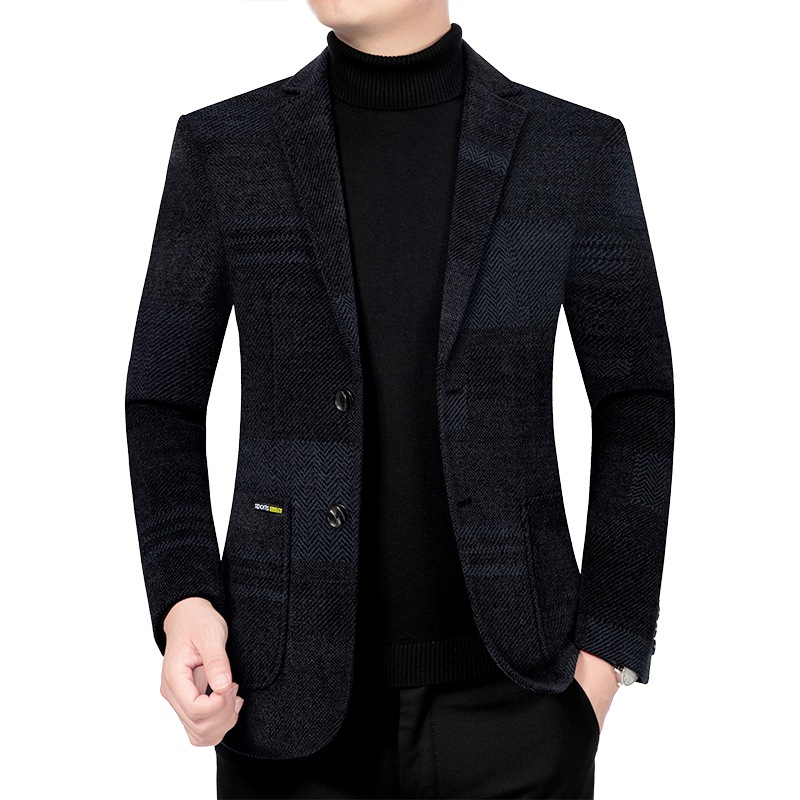 Man Suit Coat Striped Pocket Long Sleeve Male Outerwear Turn Down Collar Single-breasted Blazer: M / Navy Blue