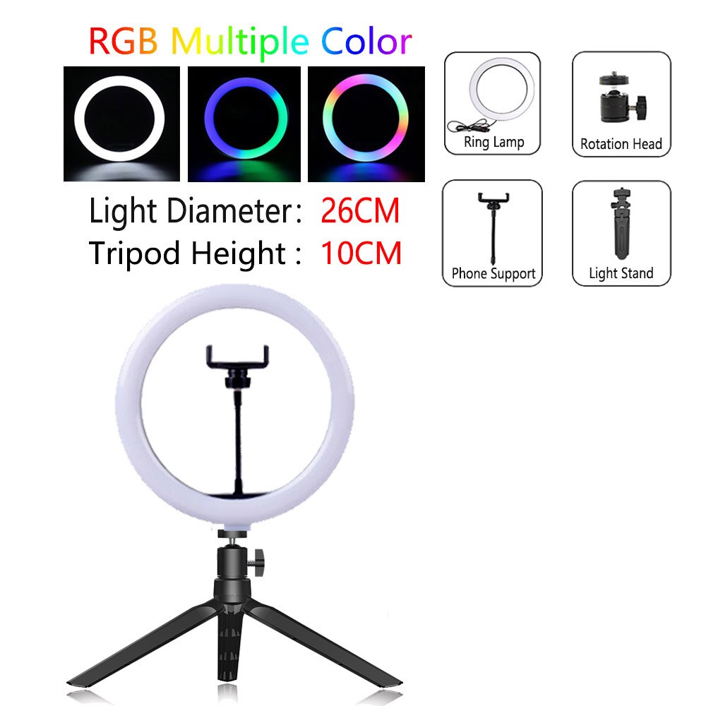 Dimmable LED Ring Light with Tripod USB Ring Lamp Photography Selfie Light Ring Tripod with Lamp Ringlight Ring Light Tripod wit: RLamp001-26RGB-T10