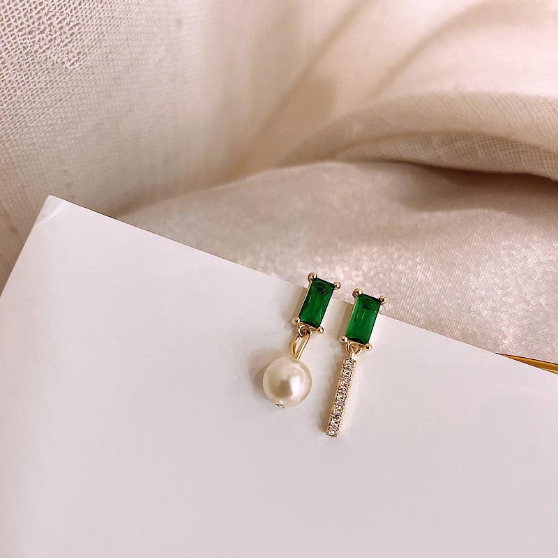 Classic Green AAA Cubic Zirconia Stud Earrings Square Crystal Girl Ear Studs For Women Gold Color Jewelry brincos Pearl