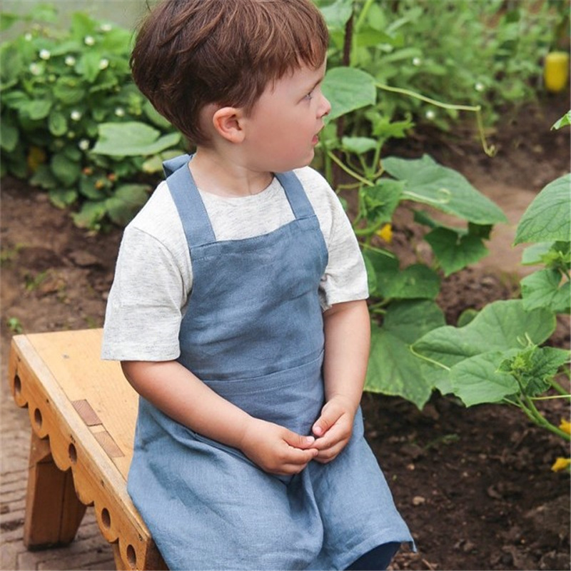 Delantal de lino para niños, ropa para comer, pintar, antiincrustante, de jardinería