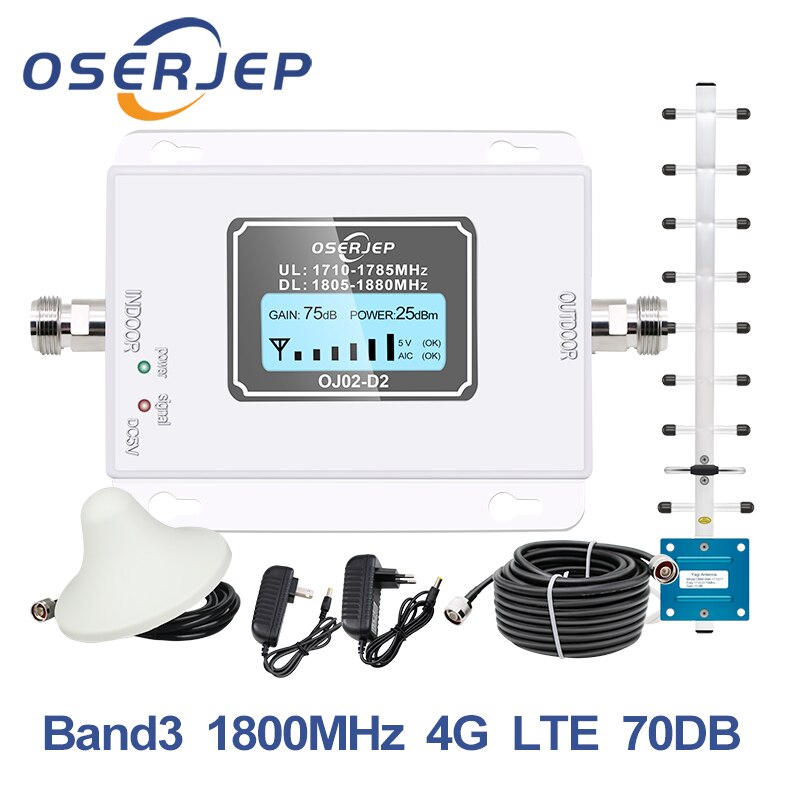 4G LTE Repeater 1800 LCD 70dB 2g 4g Cell Phone Signal Repeater DCS Band3 1800MHz Mobile Amplifier GSM Signal Booster + Antenna
