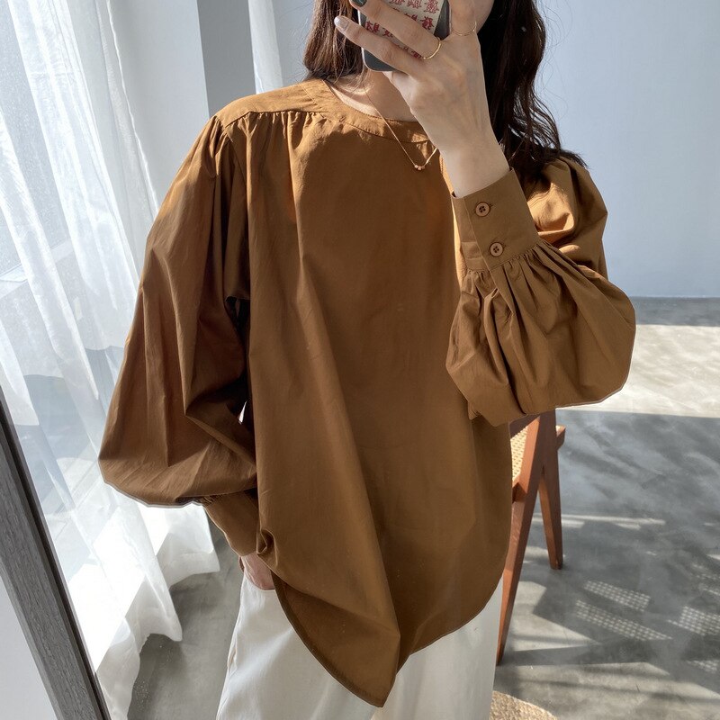 Manera de la linterna de La Manga primavera blusa camisas casuales de las mujeres O cuello suelto Casual Tops blusa nueva liso Simple Camisas de mujer CRRIFLZ