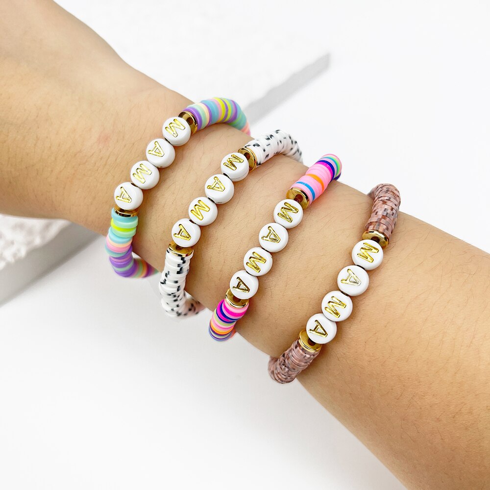 Peri&#39;sbox Cute Handmade Rainbow Polymer Clay Disc Bead Bracelet With Acrylic MAMA Letter For Mother&#39;s Day Jewelry