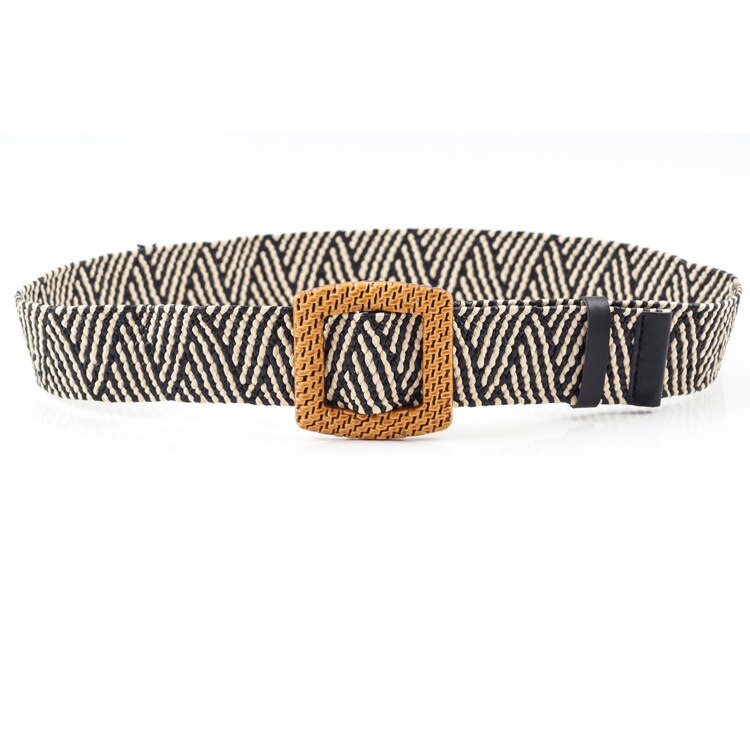 Female Knitted Wax Rope Wide Elastic Belt Women Vintage Square Big Pin Buckle PP Straw Handmade Black Waist Belt BL592