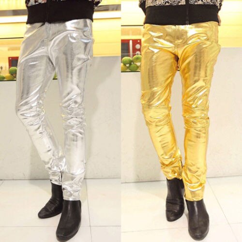 Nuevos pantalones ajustados de piel sintética para hombre, pantalones dorados plateados brillantes, trajes de a la para cantantes y bailarines