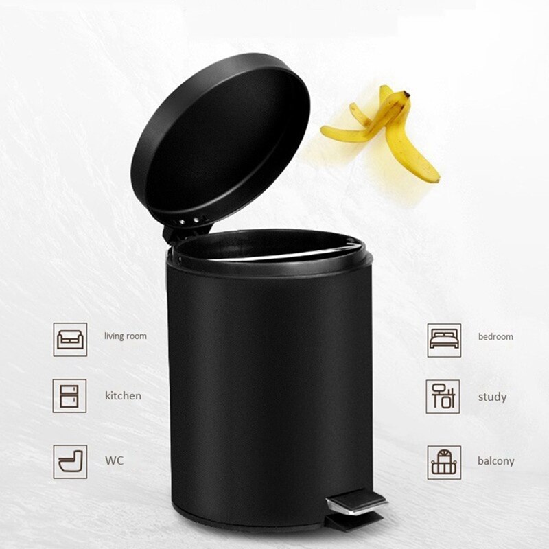 Trash Can,5 Liter Trash Can Iron Pedal Cylinder with Cover Frosted Black Home Kitchen Bathroom Living Room Office,Etc