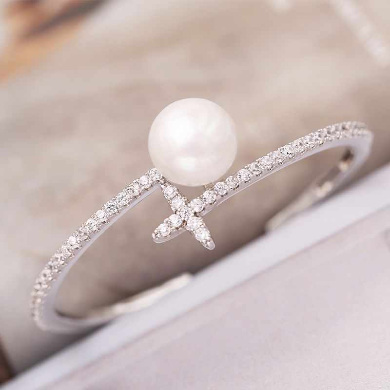 SWOUR Neue Schmuck Weiß Gold Farbe Zirkonia Perle Kreuz Stern Eröffnung Stulpe-armband Bijoux Für Frauen S516