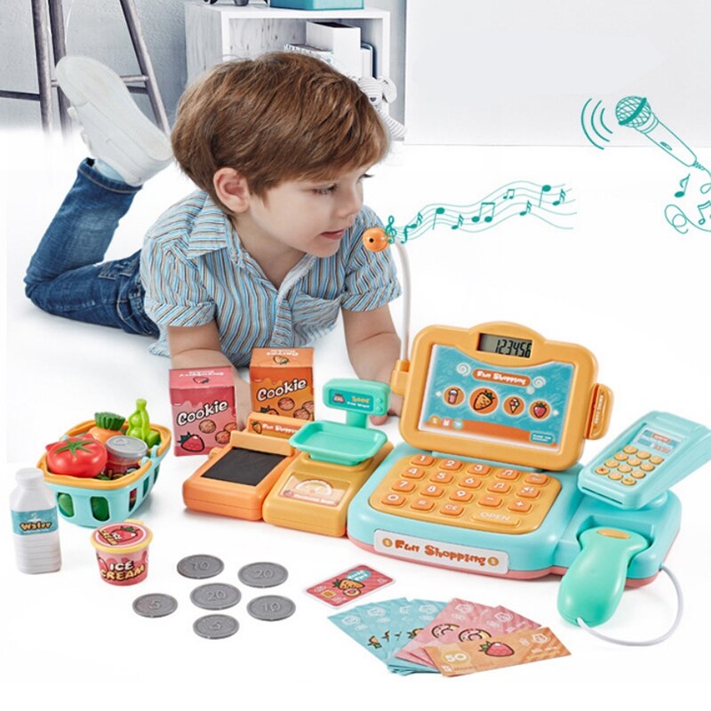 Il registratore di cassa intelligente finge di giocare a cassiere con scanner, microfono, gioca a soldi e drogheria per bambine