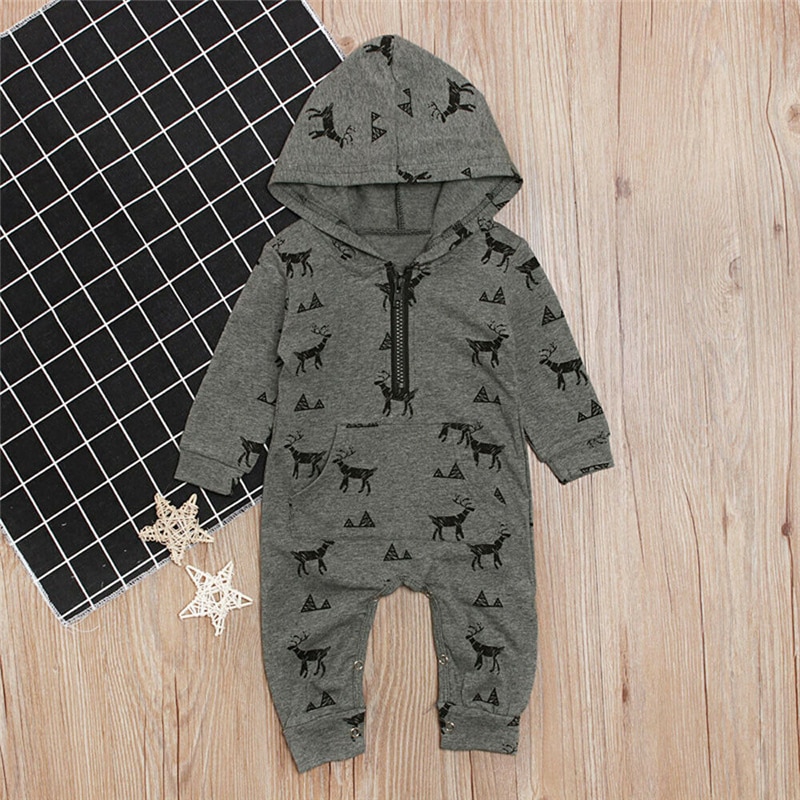 Winter Warm Newborn Baby Boys Hooded Romper Jumpsuit Infant Clothes Outfits Set Cartoon Deer Print Infant Clothing