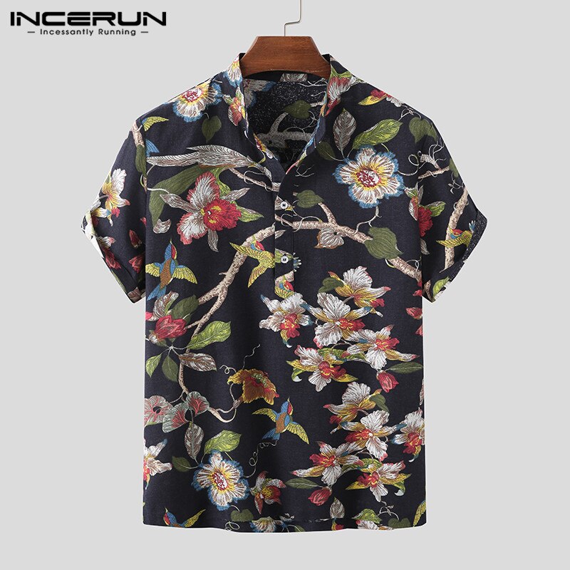 Menn sommer trykte skjorter kortermet camisa uformelt floral stativ krage blusas mann hawaiisk skjorter streetwear incerun 7