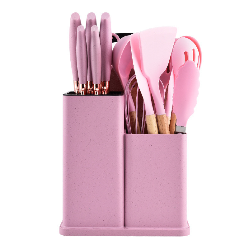 Utensilios de cocina de silicona con mango de madera, juego de ollas antiadherentes, Cubo de almacenamiento, 19 piezas: Rosa