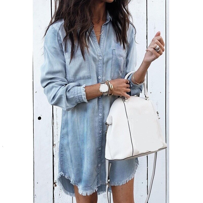 Vestido de manga larga para mujeres embarazadas, ropa de Camisa vaquera holgada, informal, a la , con solapa, para verano,: Blue / M