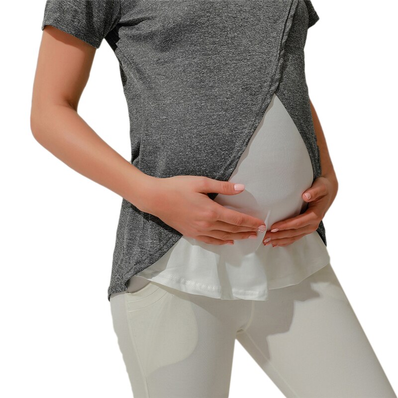 Zwangerschaps- en voedingsshirts, gestreept zomer-t-shirt met ronde hals, korte mouwen, onregelmatige tops, casual borstvoedings-t-shirt