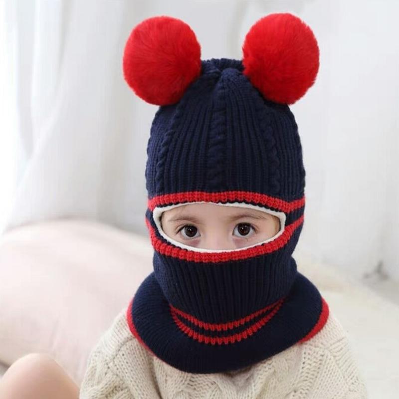 Chapeau d'automne et d'hiver pour filles | Bonnet pour enfants, bonnet en tricot, chapeau à Double boule en laine, chapeau à bretelles un pour enfants, chapeaux d'hiver,: Black