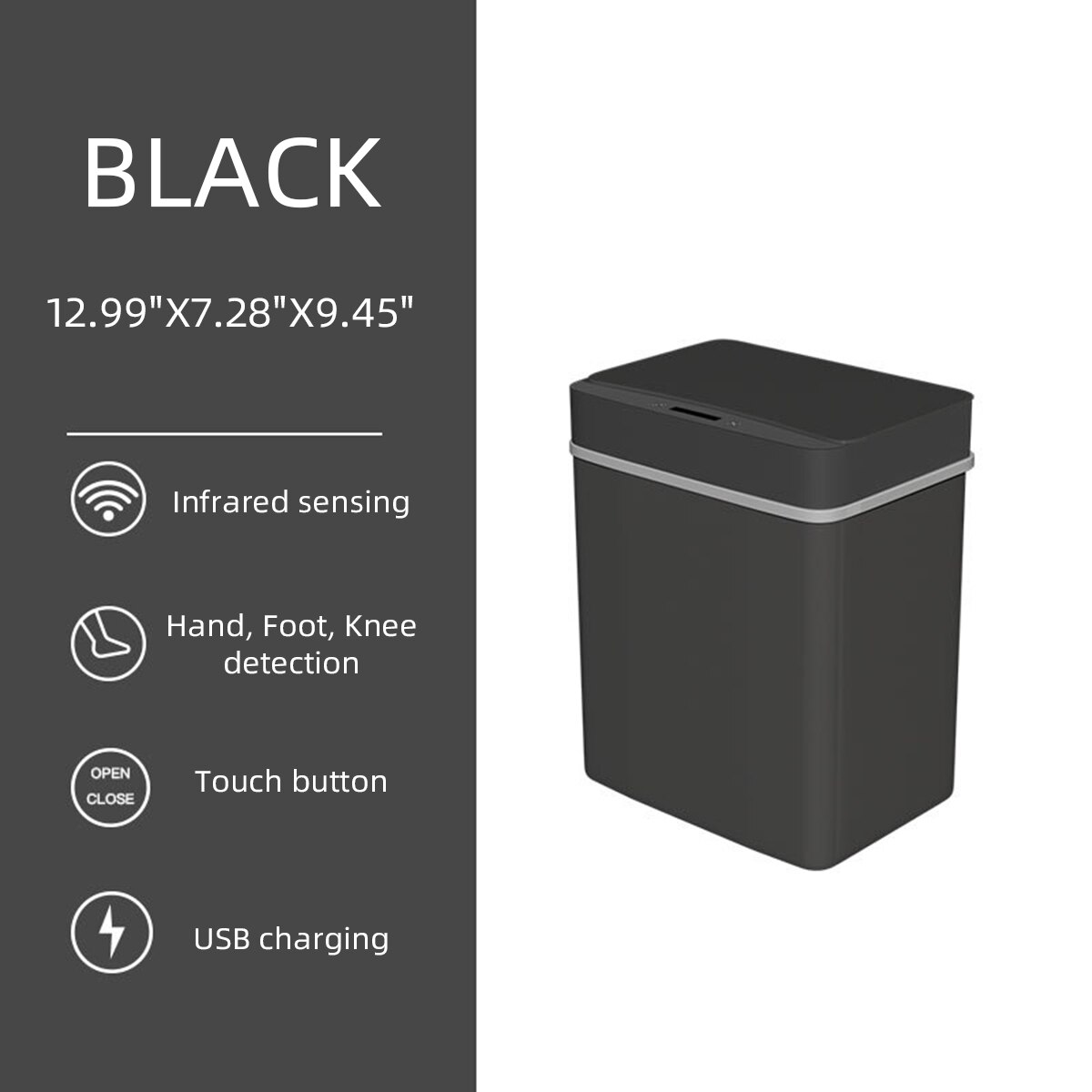 15L Smart Prullenbak Elektronische Automatische Touchless Infrarood Motion Sensor Afvalbakken Woonkamer Badkamer Huishouden: Black