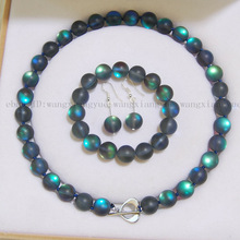 Gleamy 8mm Cinza Rainbow Moonstone Rodada Beads Colar + Pulseira + Brincos Conjunto de Jóias