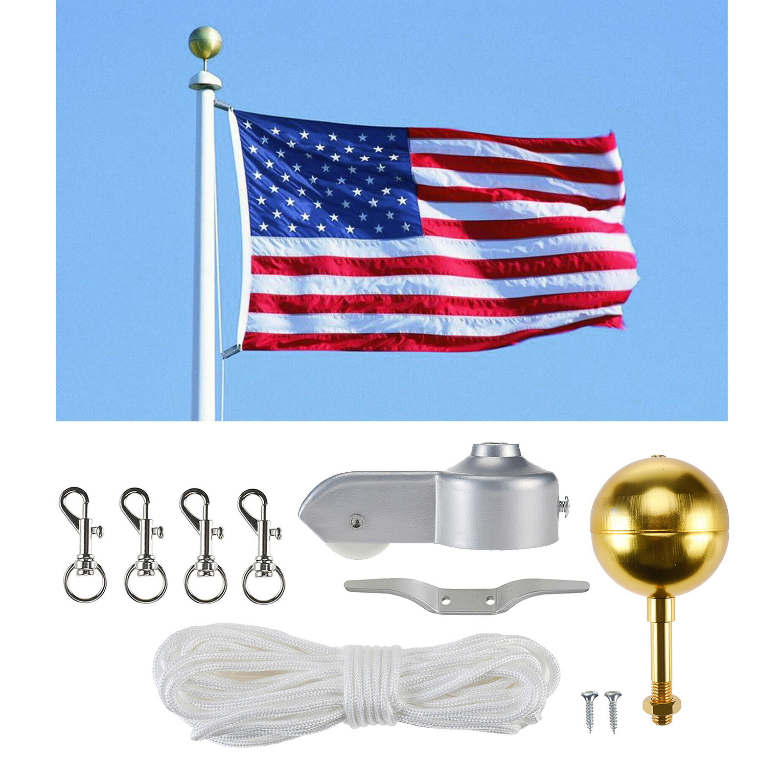 Outdoor Flagpole Hardware Repair Kit 3" Topper Gold Ball 4pc Flag Clip Hooks Flagpole Pulley Truck