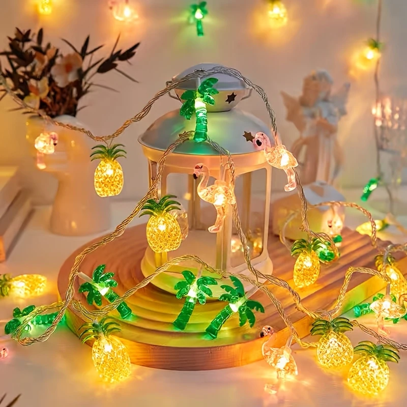 Guirlande lumineuse LED en forme de flamant rose, ananas, palmier, fonctionne à piles, pour la maison, jardin, plage tropicale, décor de fête de hawaïennes, 1 pièce