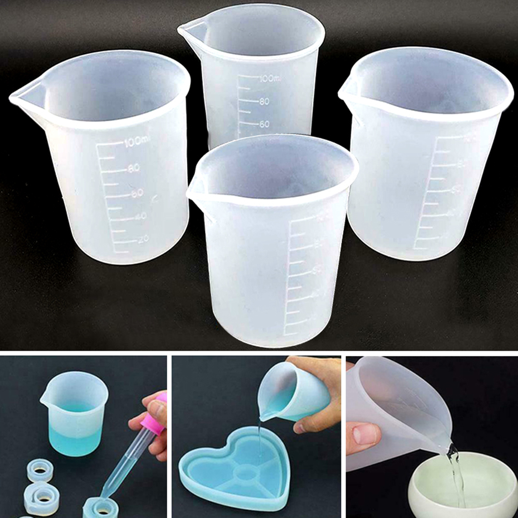 4pcs Silicone Measuring Cups 100ml Epoxy Resin Crystal Scale DIY Handmade Water Flush White Measuring Cup Kitchen Tools