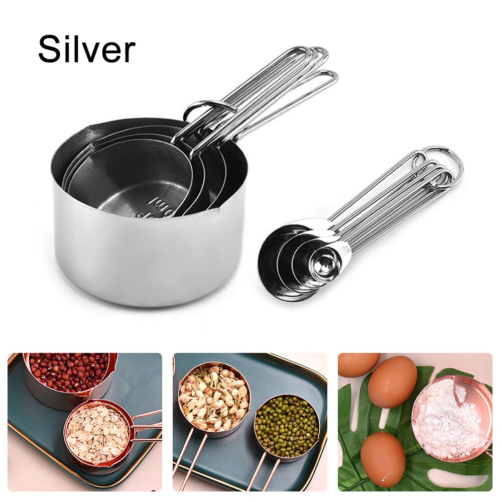8PCS/Set Stainless Steel Measuring Spoon Set with Scale Rose Gold Measurement Tea Coffee Measuring Tool Accessories Baking: Silver