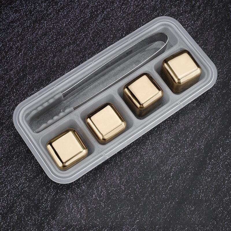 Stainless Steel Ice Cubes Reusable Chilling Stones For Whiskey Wine Dutch Coffee Cooler Tools: 4pcs Gold 1Clip