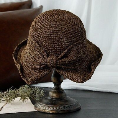 Förälder-barn raffia rosett solhatt bred brätte diskettiga sommarhattar för kvinnor strand panama halmkupol hinkhatt femme shade hatt: Brun / Vuxen 56 -58cm