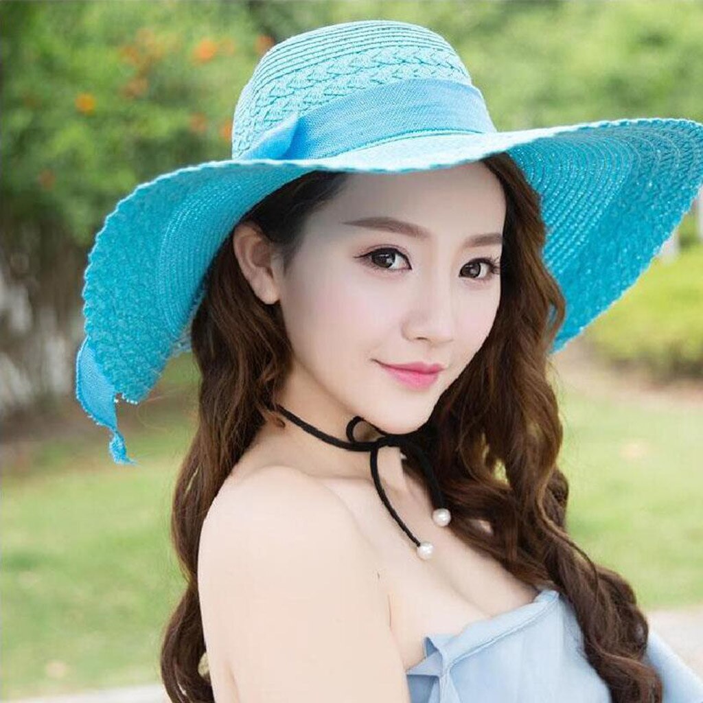 Women Colorful Big Brim Straw Bow Hat Sun Floppy Wide Brim Hats Beach Cap: SB