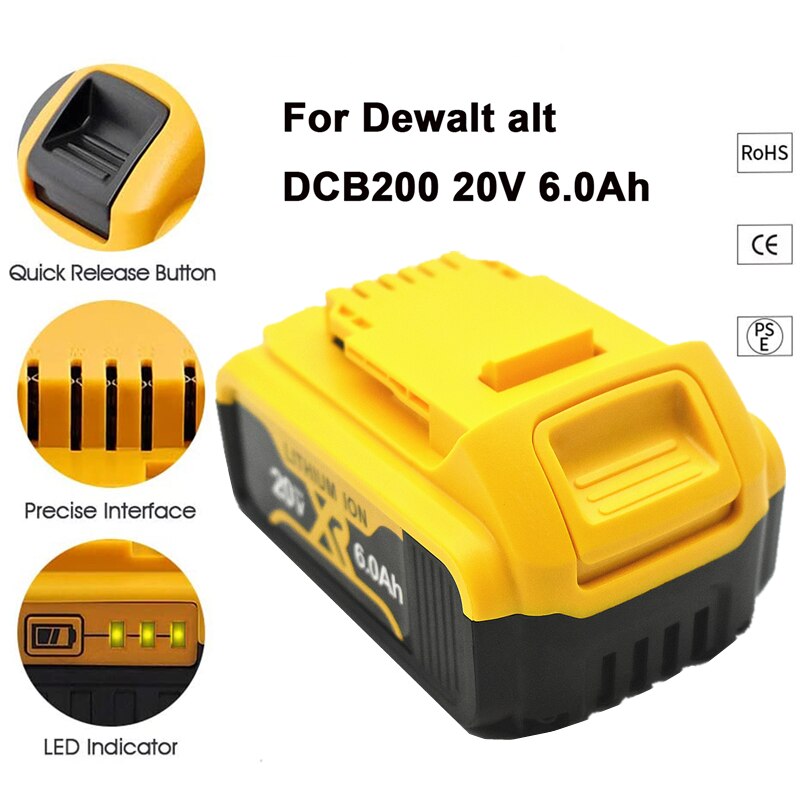 100% DCB200 20V 6000mAh replaceable Li-ion battery compatible with Dewalt 18 Volt MAX XR power tools lithium Batteries