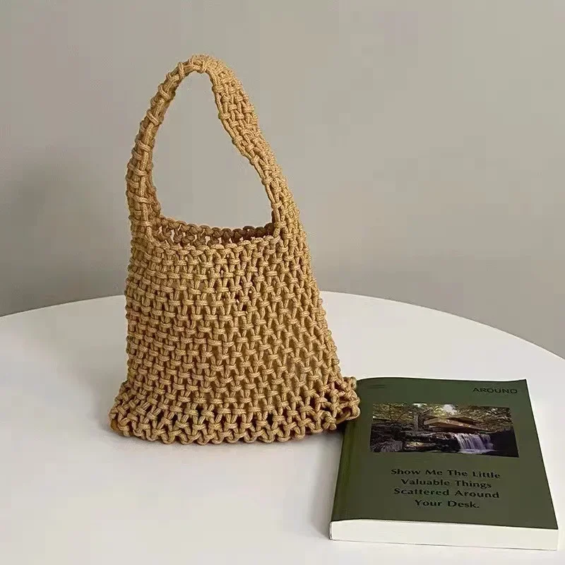 Borsa a tracolla da spiaggia di nuova personalità Corda di cotone Borsa monospalla intrecciata scavata Borsa sotto le ascelle da donna di grande capacità: Cachi