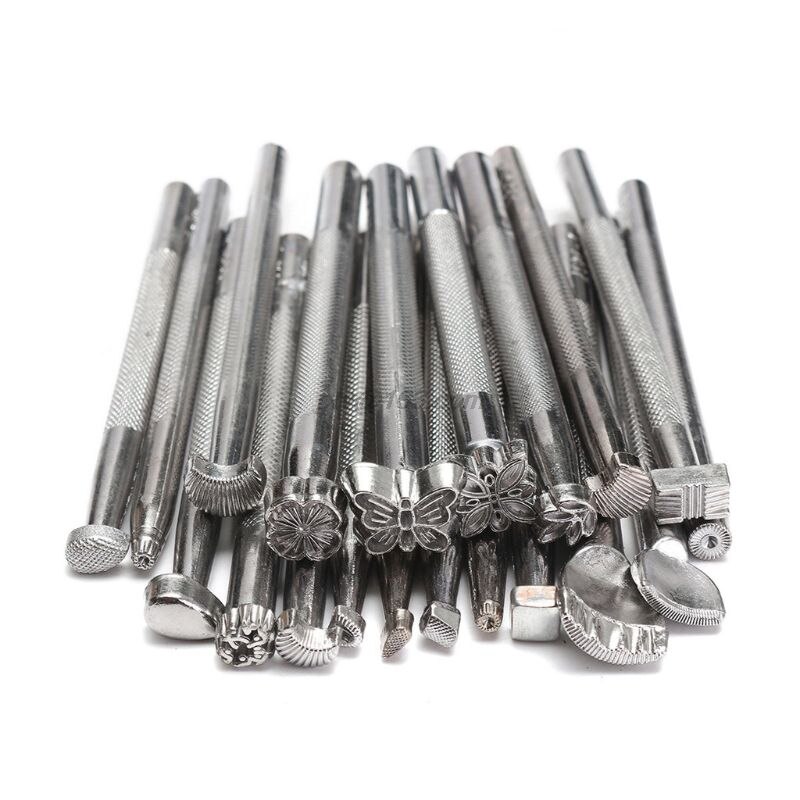 Herramientas de repujado de cuero, Kit de tallado Manual de artesanía, sellos de diferentes formas, fabricación de sillín, martillo de madera DIY, Biseladora, 25 uds.