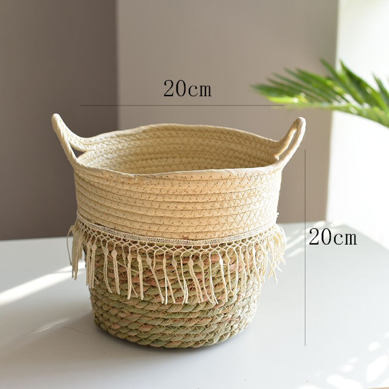 Pot de fleur panier de rangement en paille plantes vertes en Pot panier de fleurs sol tissé à la main intérieur Pot de fleur jardinières Pots jardinières: Beige tassel mouth20