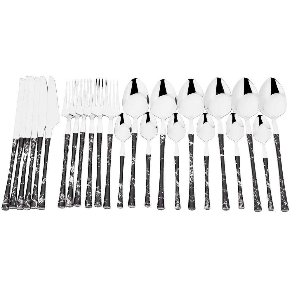 24Pcs Imitatie Hout Serviesje Rvs Servies Bestek Messen Thee Lepel Vorken Met Opslag Bestek Rek Geschenkdoos: Black Silver