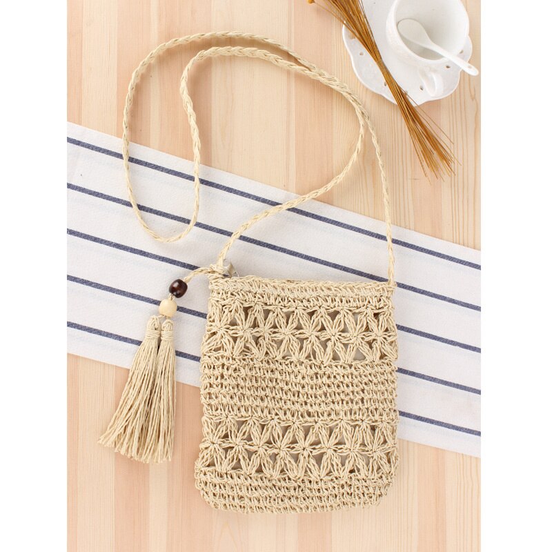 Sac en paille tissé à la main, sacoche ajourée Simple à pompon, sac de plage pour d&#39;été,: Beige
