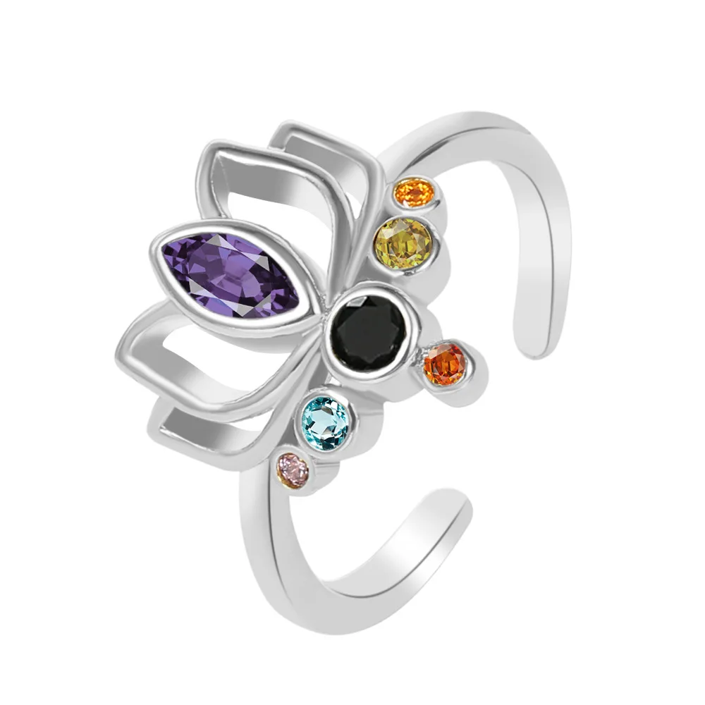 YILUOCD flor de loto Boho anillos de Yoga coloridos 7 anillos de Chakras para mujeres curación cristales de arcoíris amuleto joyería: Verde