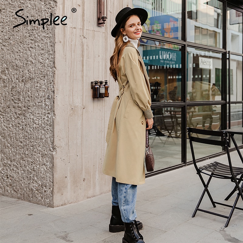 Simplee khaki autumn winter women trench High street long sleeve windproof coat Split lace up straight coat