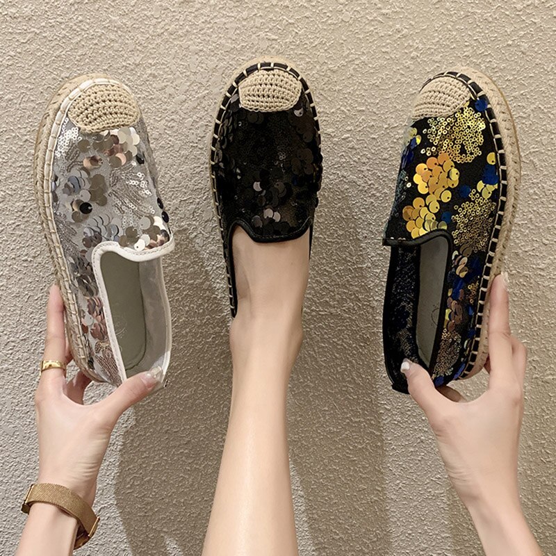 Zomer dames flats bling loafers kant instappers platte schoenen mesh espadrilles glitter dames bootschoen weven zapatos mujer 8043l