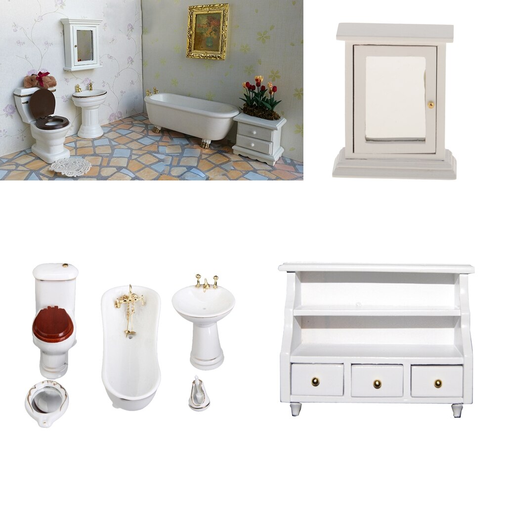 1:12 Scale Dolhouse Furniture, European Style Bathroom Furniture Set with Bathtub Basin and Toliet, Dolls House Furnishings Toy