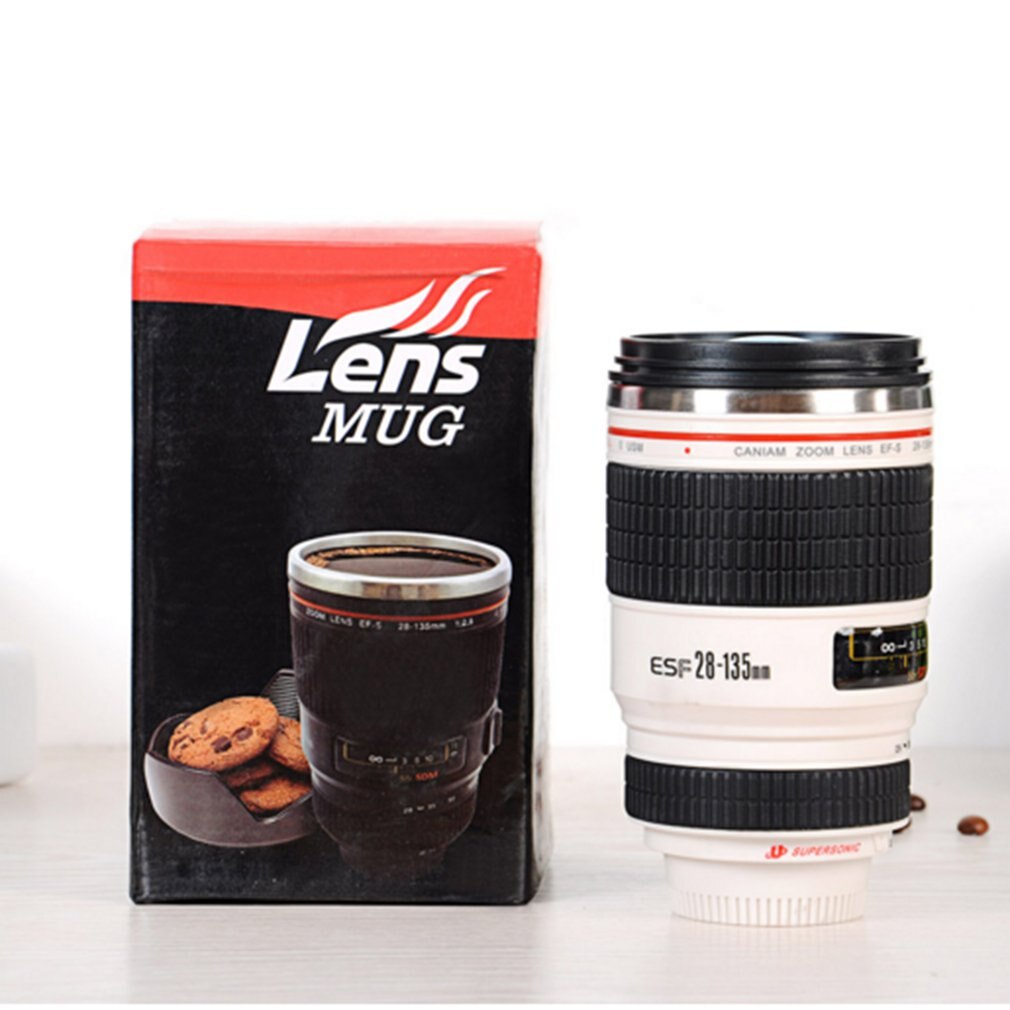 Kreative spaß schwarz weiß edelstahl objektiv tasse kreative isolierung tasse realistische kamera objektiv tasse spaß: Weiß