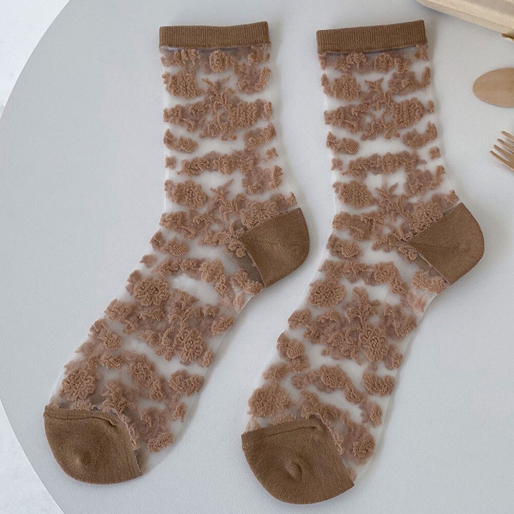 Lolita Sokken Vrouwen Sexy Glas Zijde Bloemenprint Vrouwen Transparante Sokken Vintage Voor Jk Meisje Kleding Accessoires: Khaki