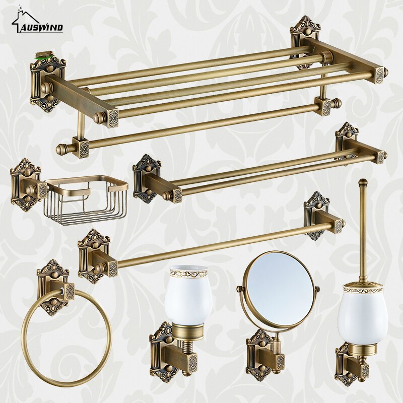 Vintage Bronze Bathroom Accessories European Brushed Solid Brass Bathroom Hardware Set Wall Mounted Carved Bathroom Products