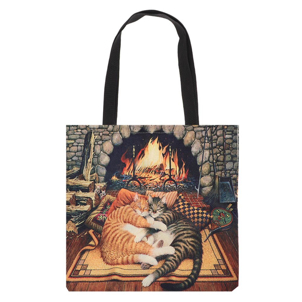 Women Printed Shopping Bag Casual Single Shoulder Bag Waterproof Cartoon Large Linen Cat Oil Shopper Tote Handbag: 13