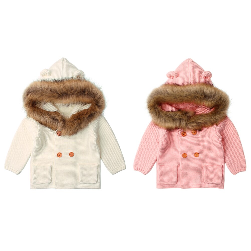 Bébé tricoté manteau mignon à capuche col de fourrure pull à manches longues infantile hauts pour bébé enfants filles garçons
