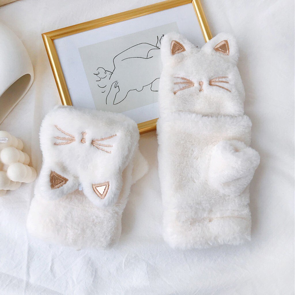 Winter Gloves For Girls Women Lovely Cat Embroidery Thickening Clamshell Plush Gloves Soft Keep Warm Gloves