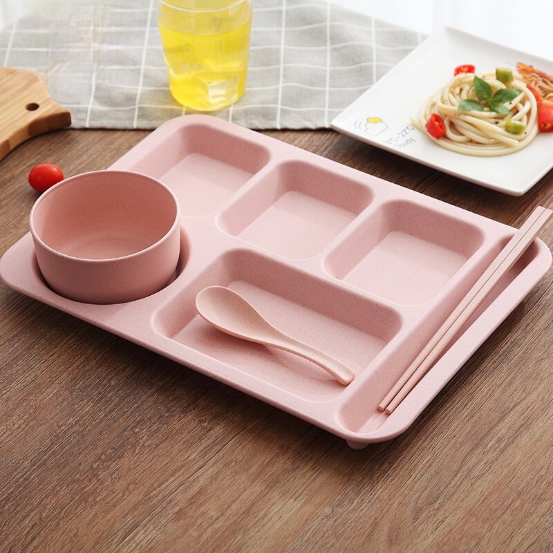 Assiette incassable en plastique, paille de blé, compartiment en plastique, cantine ménage, service de couverts, accessoires de cuisine, service de vaisselle: Rose