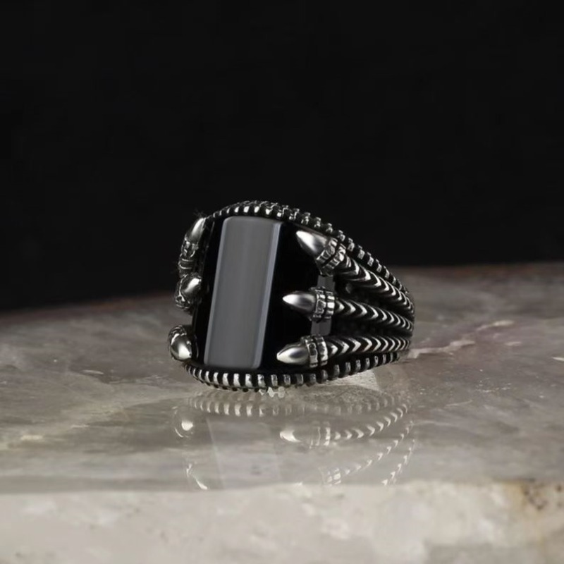 Anillo de piedras preciosas curvadas negras con patrón Retro europeo y americano para hombre, anillo de Punk