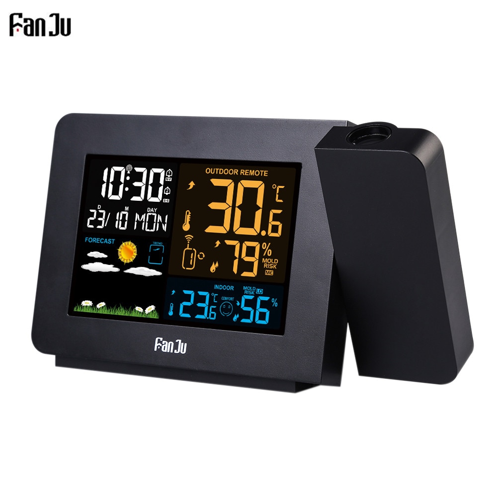 FanJu FJ3391 Weather Station with Projection |Weather Monitor |DCF Radio control | Calendar |7 languages| Backlight Alarm Clock