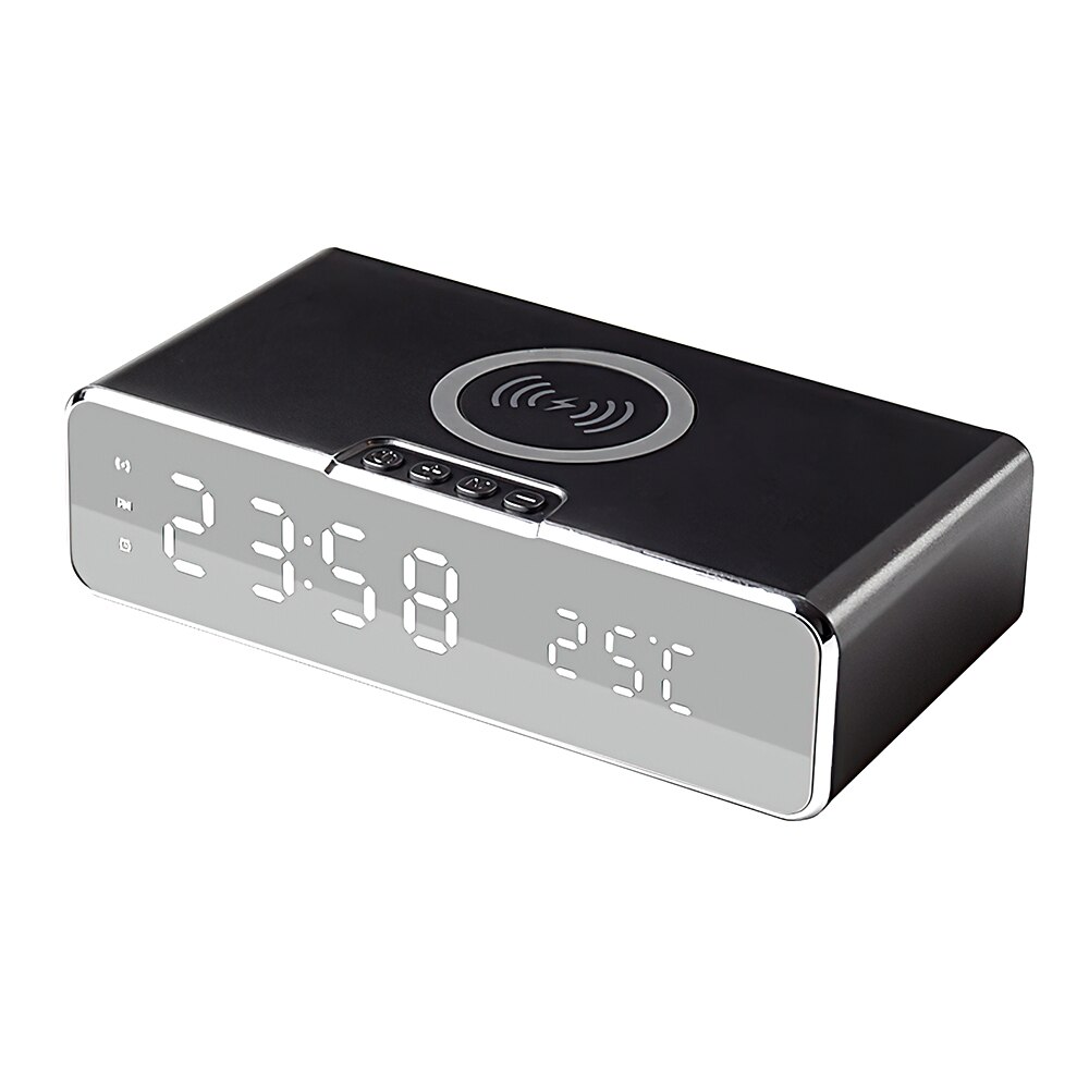 2in 1 LED Alarm Clock Mobile Phone Wireless Charger Digital Temperature Display Bedside Table Clock: Black