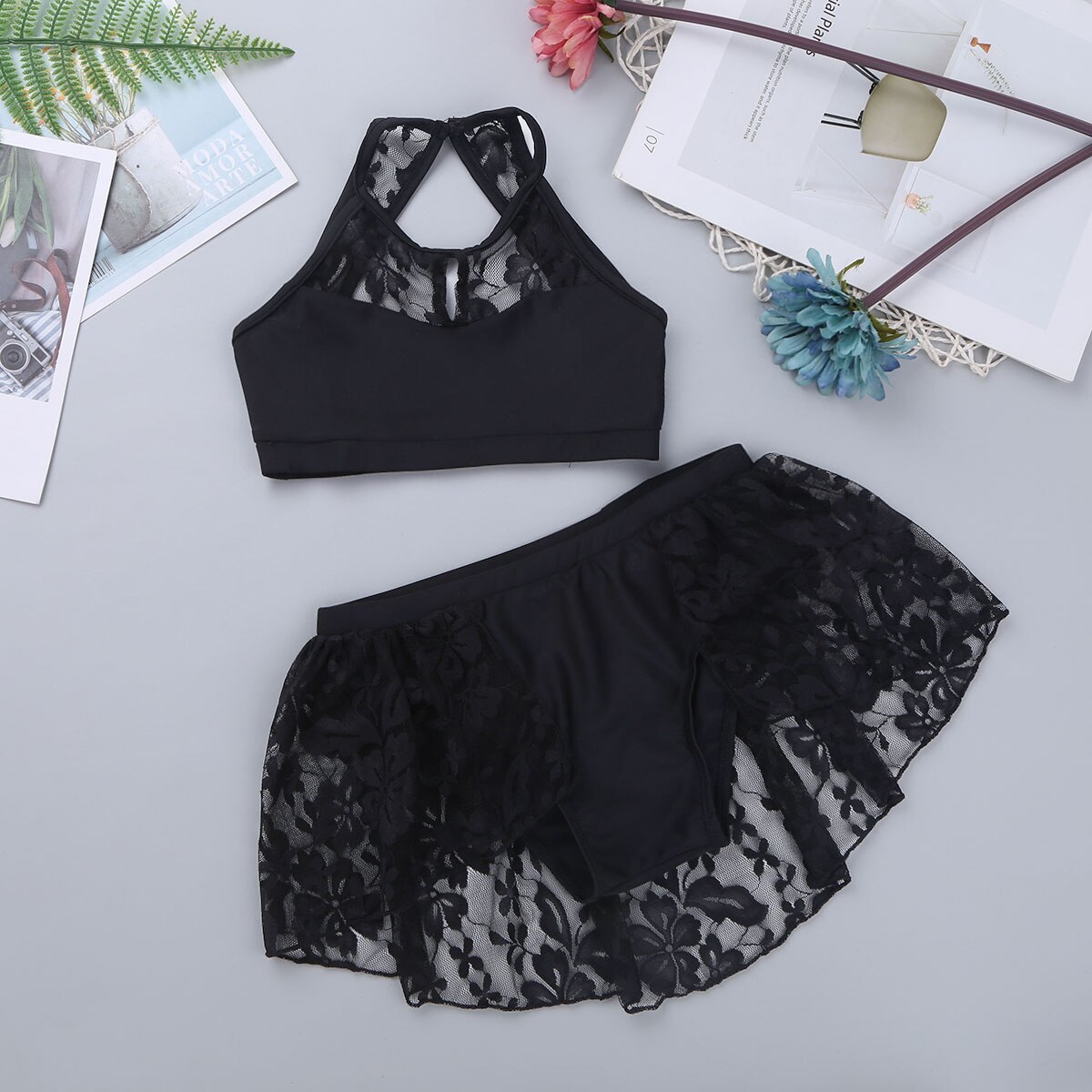 ChicTry Kids Teens Halter Lace Splice Contemporary Lyrical Dance Costumes Gymnastics Top Shorts Set Girls Ballet Tutu Dance Wear