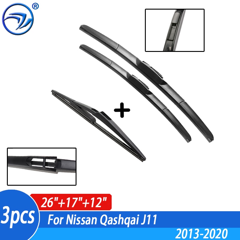 Wiper Front &amp; Rear Windscreen Wiper Blades Set For Nissan Qashqai J11 26"17"12"
